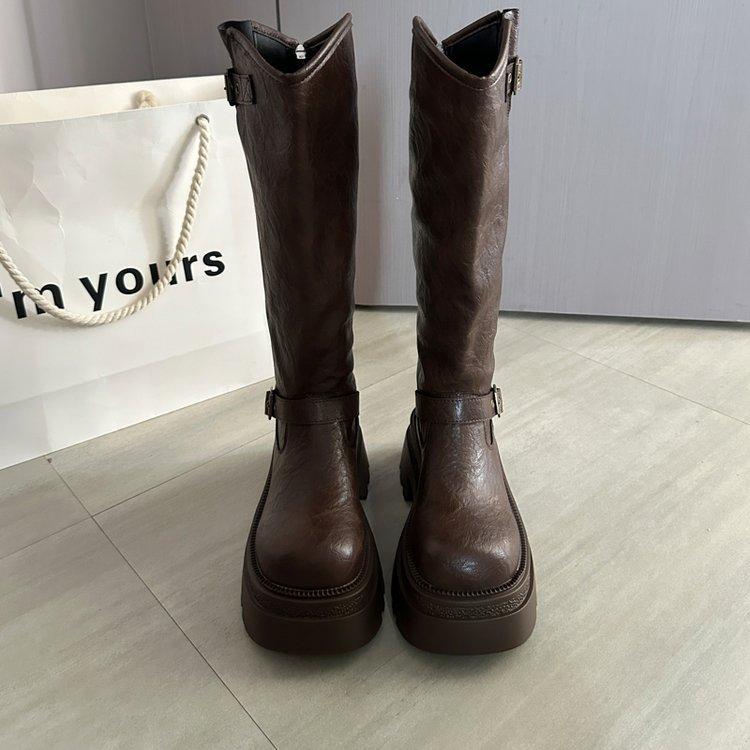 Belt Buckle Knight Boots Muffin Bottom Tall Women's Boots Trendy High Heel But Knee High Tube 2025 Autumn and Winter New Thick Bottom