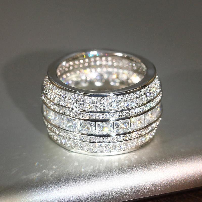 925 Sterling Silver Luxury Fully Inlaid Zirconia Ring Fashion Female Wedding Band Gorgeous Shinning Finger Accessories for Party