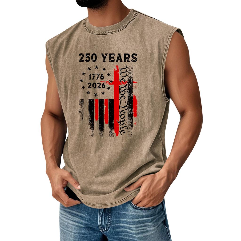 Men's Printed Round Neck Distressed Top Casual Comfort Vest