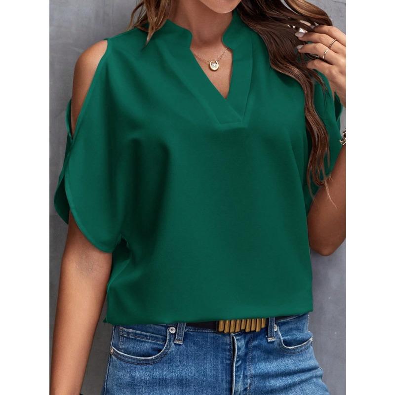 Women's summer new solid color V-neck temperament fashion off-the-shoulder sleeves women's top