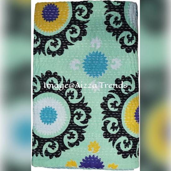 Aizza Trends Handmade Pure Cotton  Printed Kantha Quilt  - Traditional Look Bed Spread Kantha Gudri - Vintage Hand Stitch Gudri
