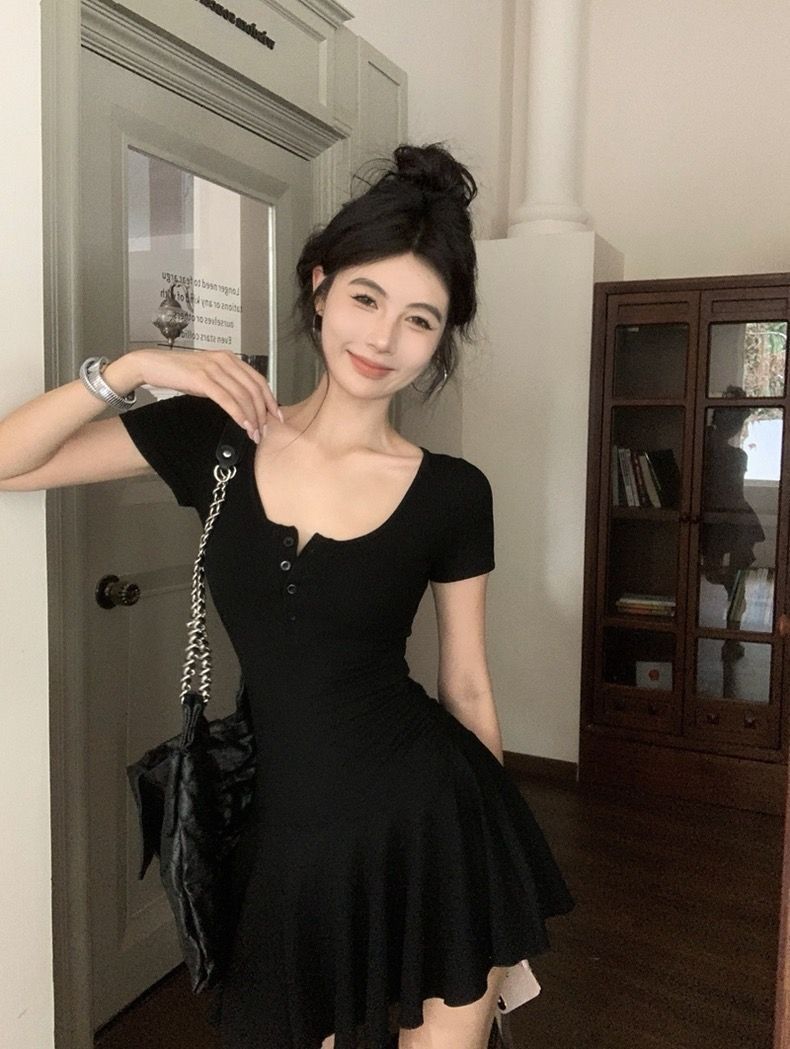 

Pure Ballet Style Square Neck Front Button Black Short Sleeve Dress Small Man Summer Pleated Waist Skinny Short Skirt XXL чорний