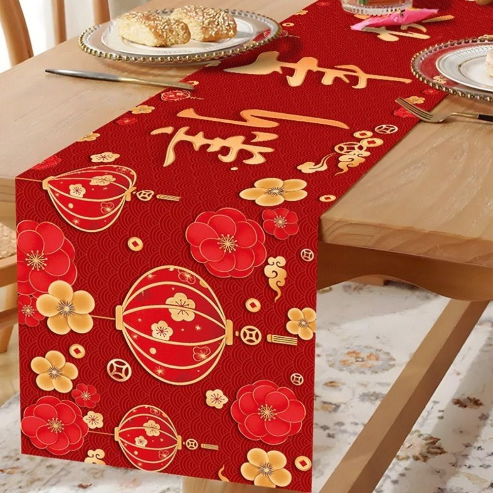 Red Golden Color New Year Table Runner Lantern Print Horse Design Table Runner Rectangular Shape Table Flag Dining Table