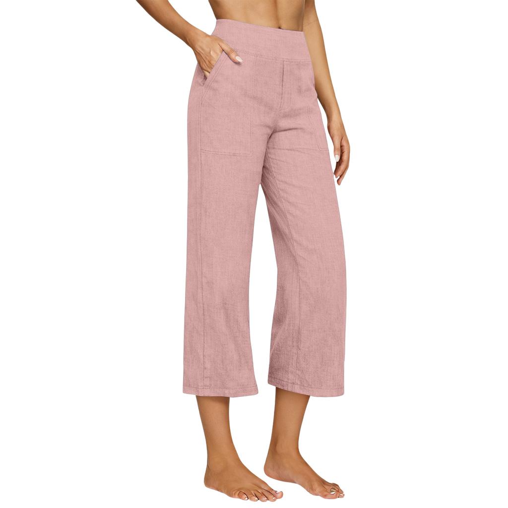 Women's Fashionable Loose-Fit Pocket Cotton-Linen Blend High-Waisted Wide-Leg Pants Casual Cropped Trousers