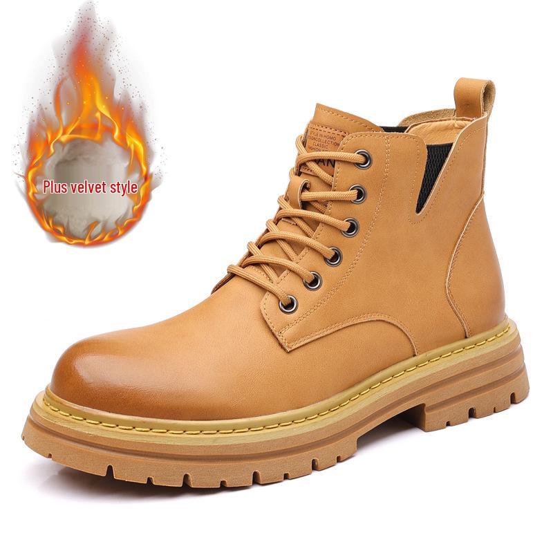 Men's British Style High-Top Yellow Martin Boots: Autumn/Winter Velvet Mid-Tops