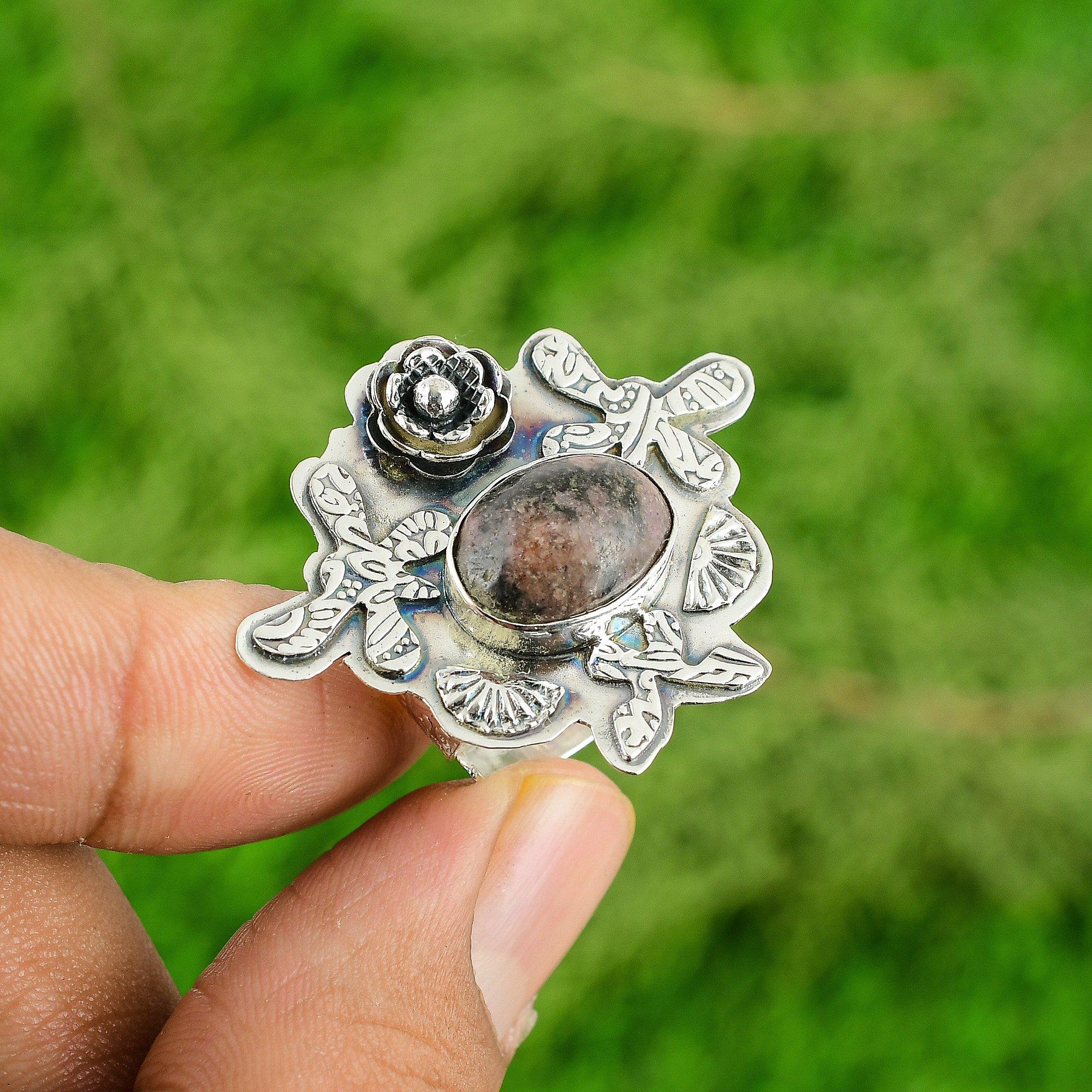 

925 Sterling Silver Rhodonite Stone Flower Stackable Artisan Heart Chakra Ring Adjustable