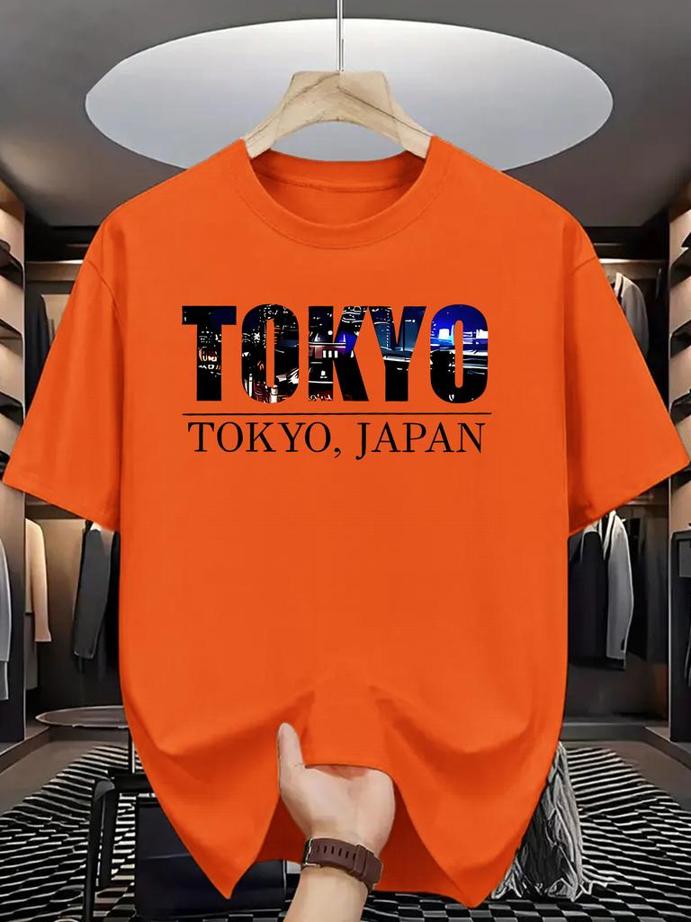 Tokyo Japan City Scene Unisexs Crew Neck T Shirt Night View Fill Letter Graphic Short Sleeve Tee Urban Casual Male Street Tops