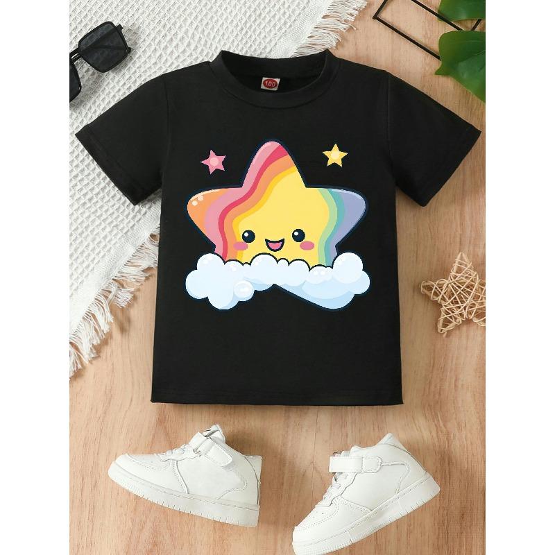 

European sizes A Vibrant Crew Neck T-Shirt Featuring a Star And Cloud Design, Perfect for Wearing in Spring and Summer 98cm чёрный