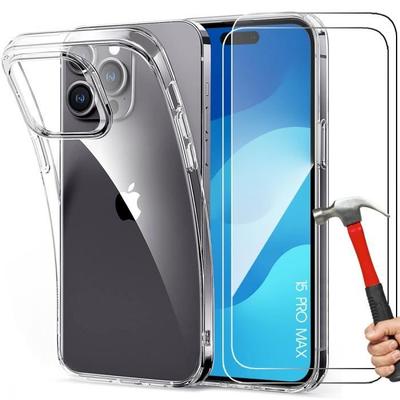 Case for iPhone 15 Pro Max - Enhanced Protection - Transparent Silicone - Pack of 2 Tempered Glass