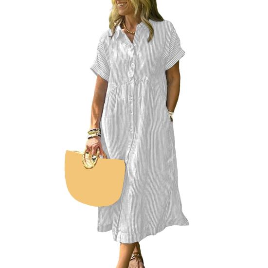 Striped Lapel Button Down Shirt Dress with Pockets Summer Casual Short Sleeve A-line Long