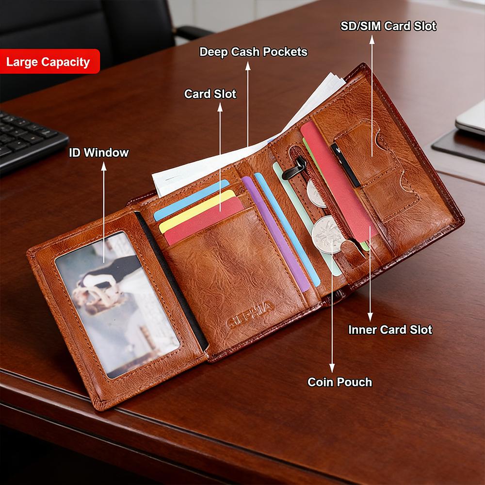Portafoglio da Uomo Vintage in Pelle di Mucca, 12 Scomparti per Carte Multifunzione con 1 Finestra per Documenti, Tasca Portamonete con Zip, Protezione Blocco RFID Portafoglio in Vera Pelle
