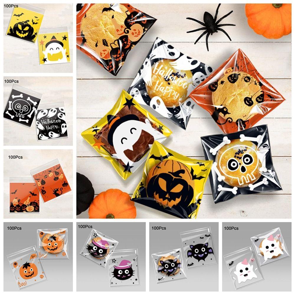 100Pcs Self-adhesive Trick or Treat Bags Plastic Candy Cookie Bags Halloween Candy Bags  for Home
