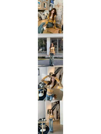 Color-Block Striped Collar Knit Sweater - Slim Fit Long Sleeve Women's Autumn Top