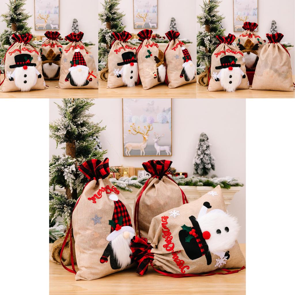 Cartoon Style Christmas Burlap Gift Bags Featuring Merry Snowman Reindeer Design