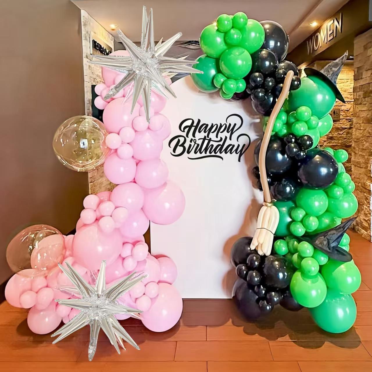 

Pink And Green Balloon Set, Witch And Princess Theme, Silver Exploding Star Bobo Ball Set as shown