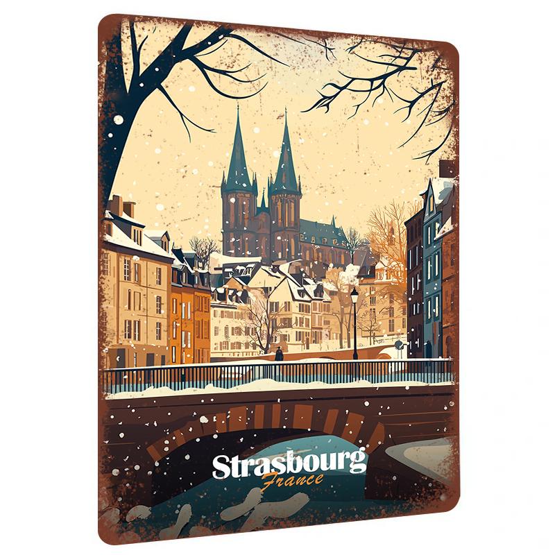 Strasbourg France Vintage Metal Wall Art Winter Cityscape Decorative Iron Painting for Home Decoration 20x30cm（7.8x11.8inch）