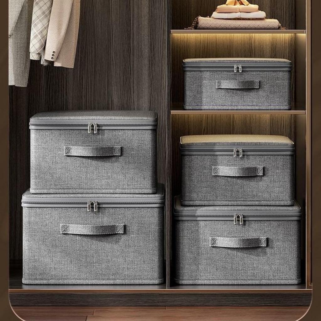 Large Foldable Storage Box In Modern Grey with Lid and Handles
