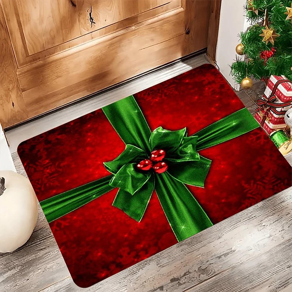 

1pc Christmas Red Door Mat with Bow , Holiday Indoor and Outdoor Rear Front Door Welcome Mat Winter Door Mat. 40x60cm