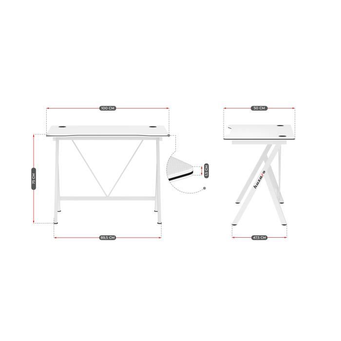 Bureau Gaming HUZARO HERO 1.4 Blanc, Bureau Ergonomique, PC Gaming, Informatique, Gamer, Bureau Jeux, 100x50x75cm