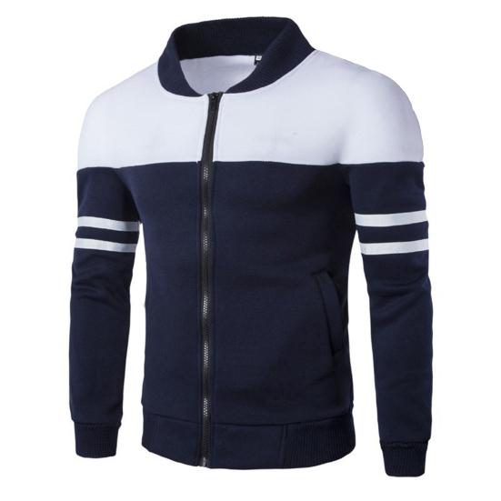 Men Autumn Coat Colors Matching Color Block Long Sleeves Elastic Cuff Anti-pilling Stand Collar Zipper Cardigan Striped Fall Jacket for Home