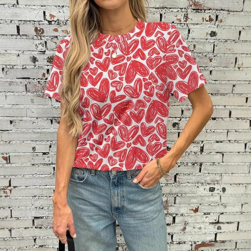 Heart Love Graphics T-Shirts Floral 3D Print Women's Casual Short Sleeves O-Neck T Shirt Y2k Harajuku Tees Tops