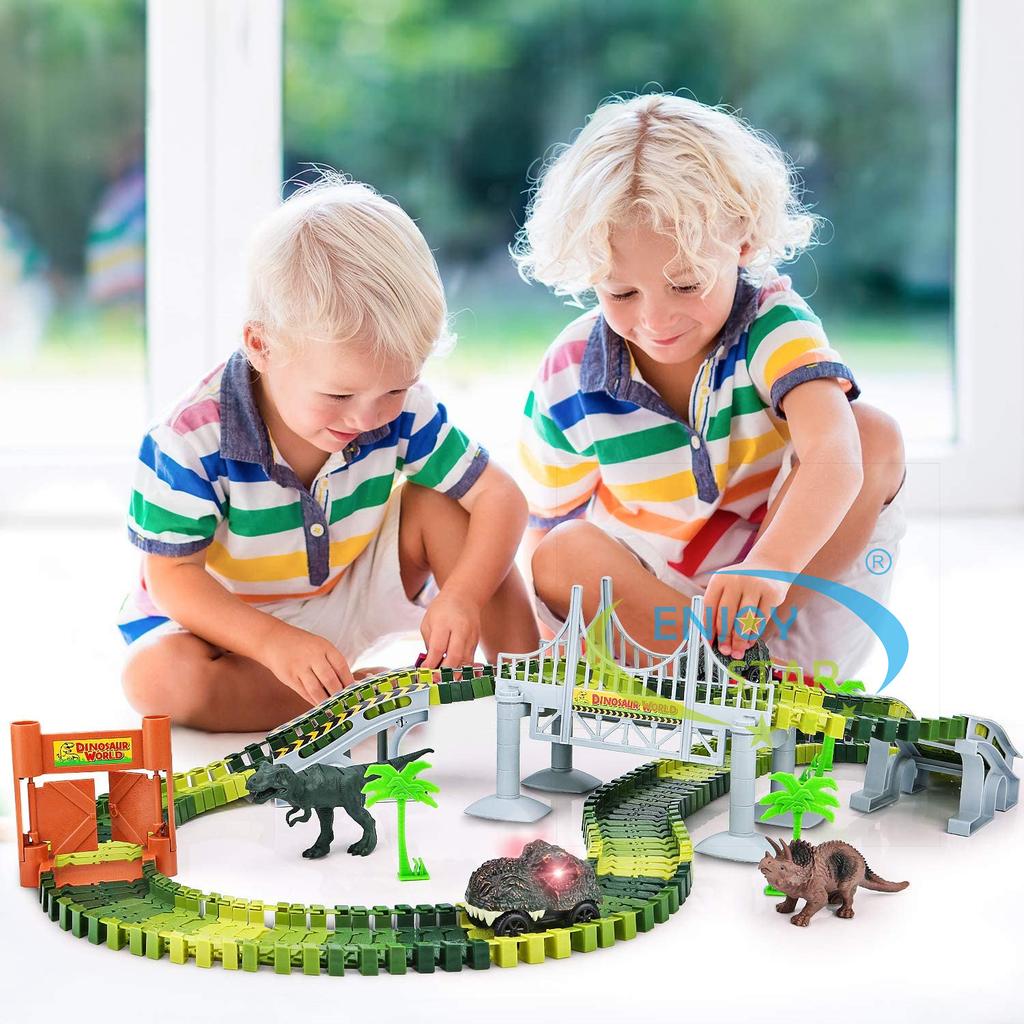 Non-Toxic 156Pcs Dinosaur Railway Car Track Toy Set Diy Assemble Road Race Set With Flexible Track Dinosaur Toys Bridge Ramps Toys For Kid