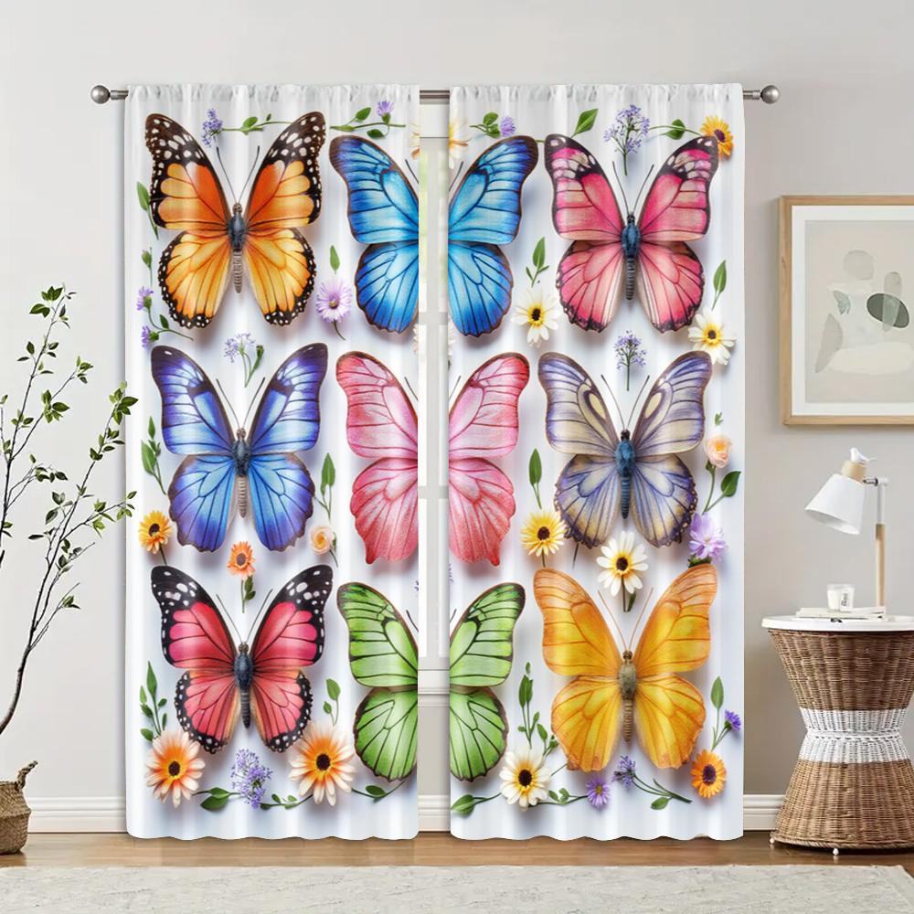 2pcs, Light Filtering Curtains Butterfly Print Polyester Woven (without rod) Stuff Clearance Ldeal for Bedroom, Living Room,