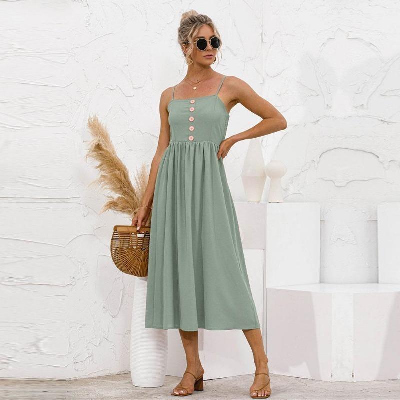 

Весна-лето, однотонное длинное платье, женское повседневное трапециевидное платье на бретельках без рукавов с высокой талией, тонкая пуговица, сладкий S-XL XL светло-зеленый