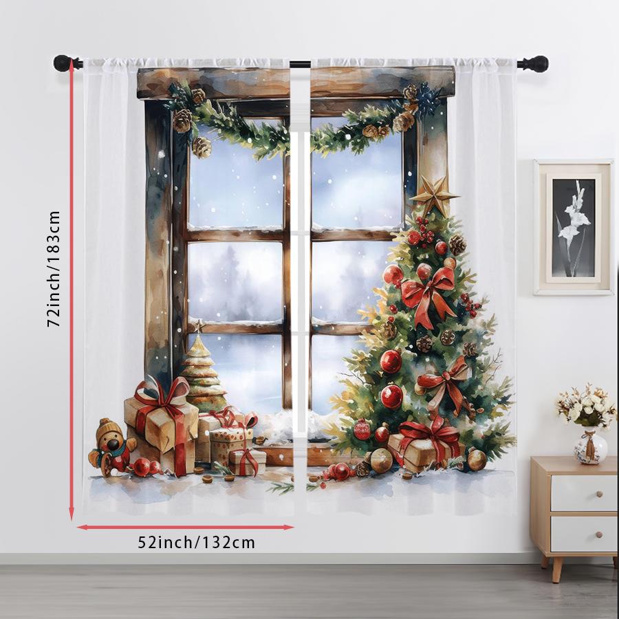 2PCS Window Xmas Tree Sheer Curtains, Gift Box Watercolor Print, Rod Pocket Window Drapes for Christmas Holiday Decor