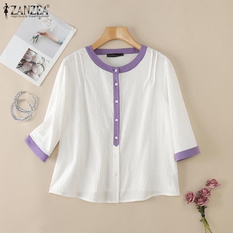 ZANZEA Women Casual Round Neck Loose Half Sleeve Blouse