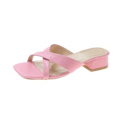 Chinelos de Praia Femininos 2025 Novo Verão Bico Quadrado Sandálias de Dedo Aberto Slides Salto Médio Moda Sandálias Femininas Tamanho 35-42 WSH5067