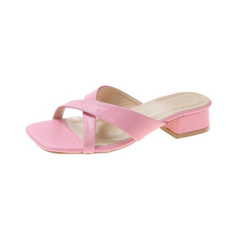 Beach Slippers Women 2025 New Summer Square Toe Open Toe Sandals Slides Middle Heels Fashion Women's Sandals Size 35-42 WSH5067