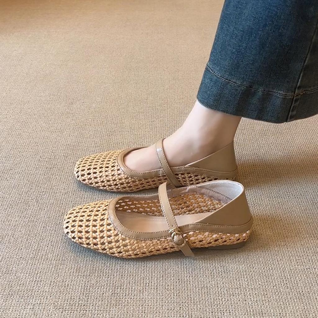 Sheepskin woven hollow hole shoes, breathable Mary Jane sandals for women's summer one-word belt flat-soled single shoes
