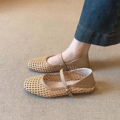 Sheepskin Woven Hollow Hole Shoes, Breathable Mary Jane Sandals for Women's Summer One-word Belt Flat-soled Single Shoes