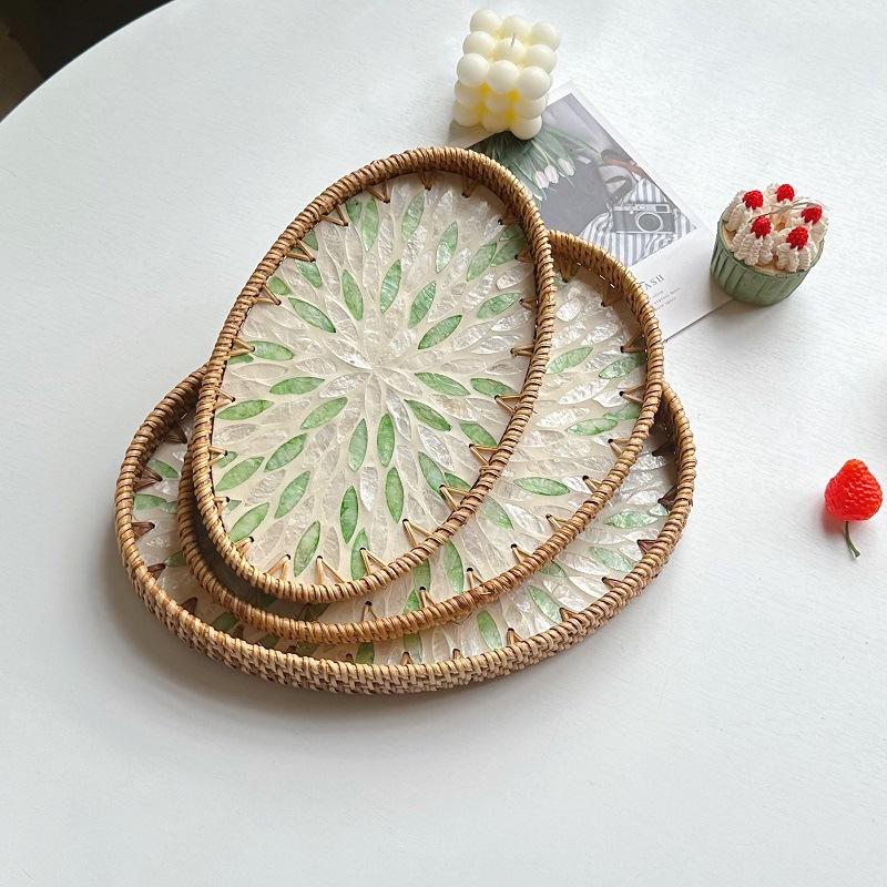 3Pcs Vintage Oval Handmade Rattan Woven Tray Nordic Natural Colorful Shells Weaving Fruit Storage Basket Breakfast Serving Trays