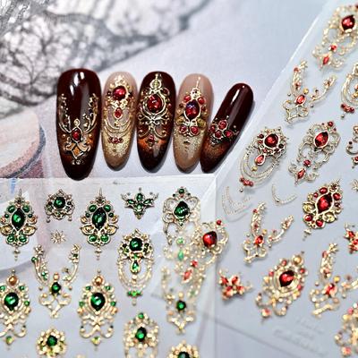 Luxury Retro Baroque Nail Art Stickers with Faux Gemstone Press-On Nails