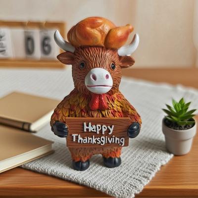 Christmas Highland Cattle Statue Thanksgiving Day Pumpkin Highland Cow Figurine Sculpture Home Office Desktop Decoration Ornament