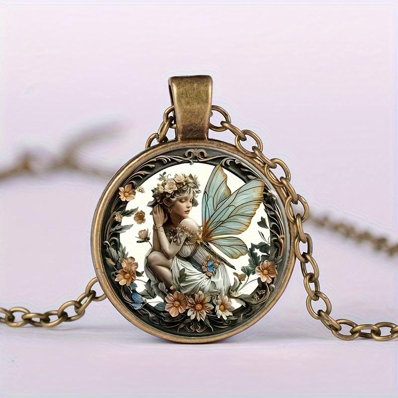 Vintage Angel Fairy Glass Pendant Necklace Elegant Fantasy Theme Jewelry