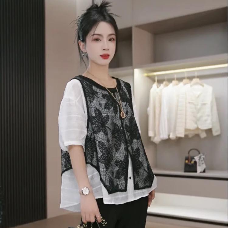 Korean Summer Lace Crochet Leaf Vest Spliced Women's Loose Pullover Top