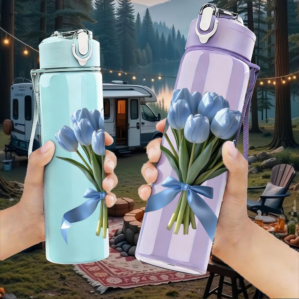 1PC Blue Cornflower Bouquet With Ribbon Print 750ml Color Plastic Sports Water Bottle Leakproof Flip Straw Lid Suitable for Sports Office Home Use