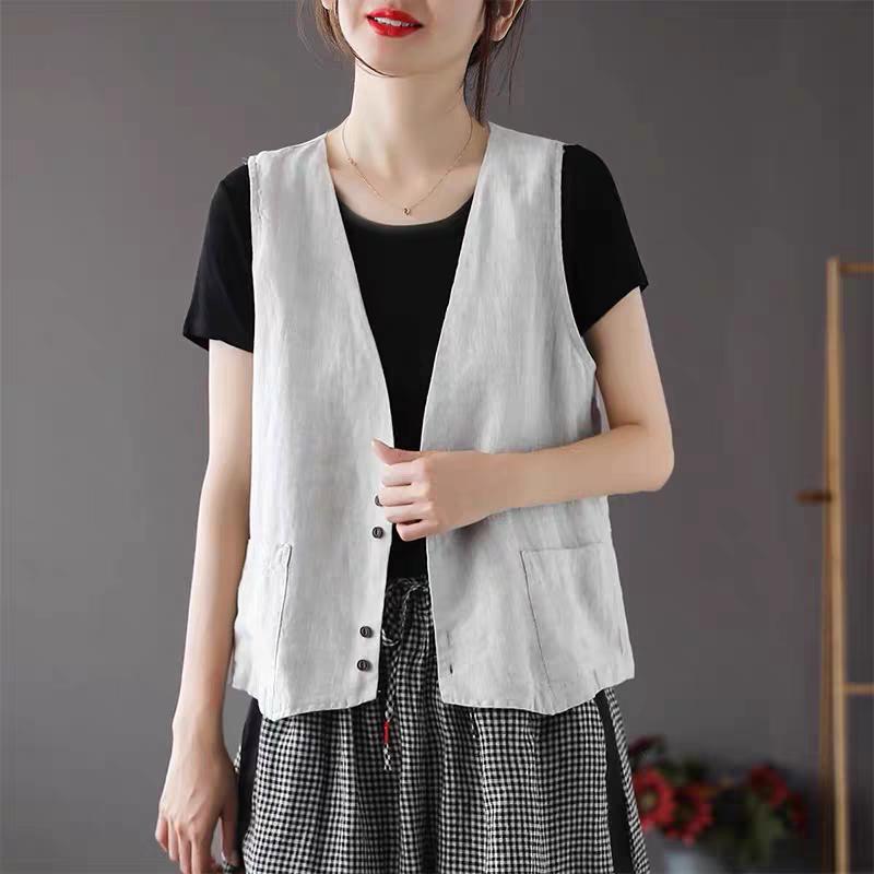 Summer Retro Cotton Vest Women's Loose Thin Versatile Sleeveless Coat Solid Color Casual Waistcoat Tops Cardigan Short Jackets