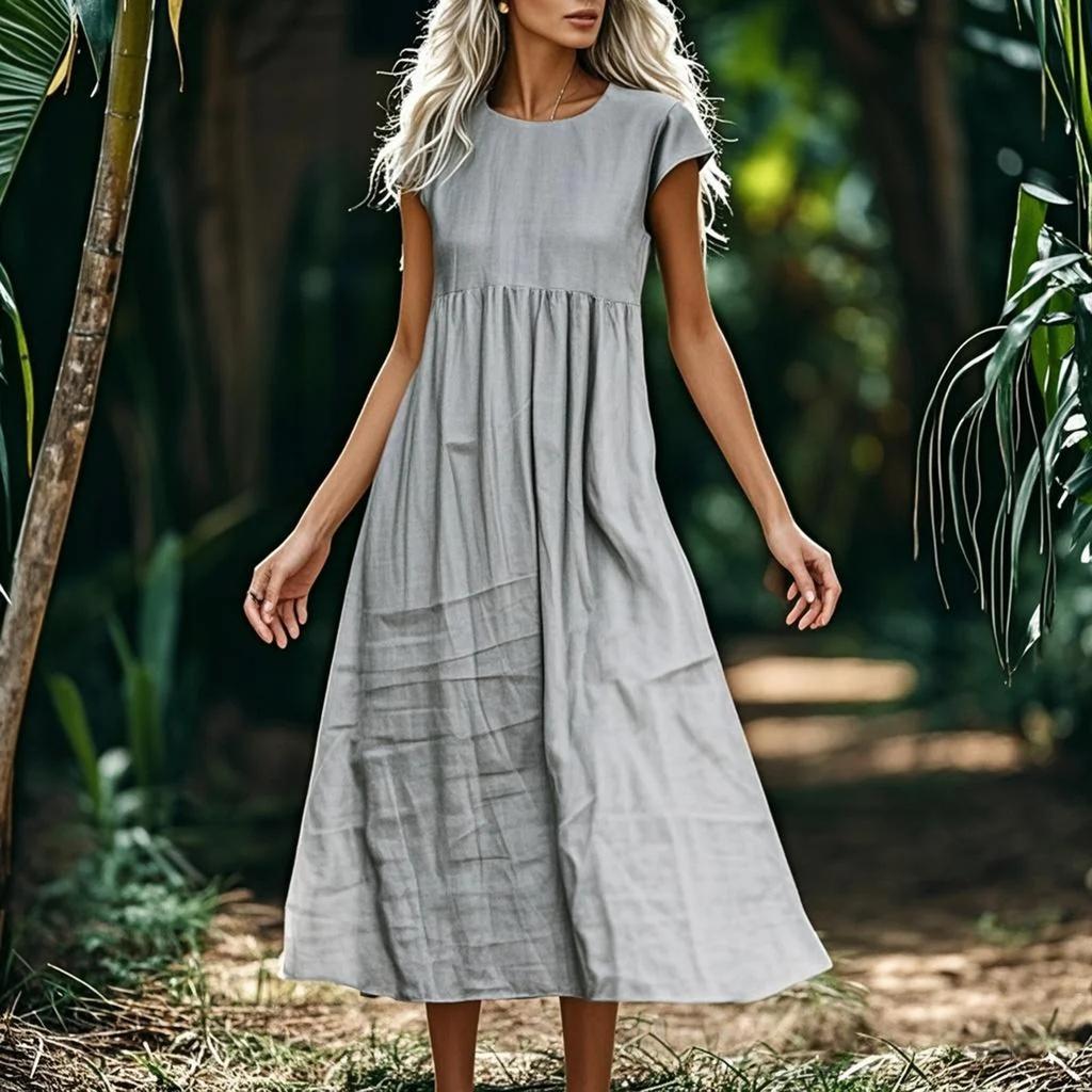 Dámské módní a ležérní jednobarevné bavlněné a lněné šaty