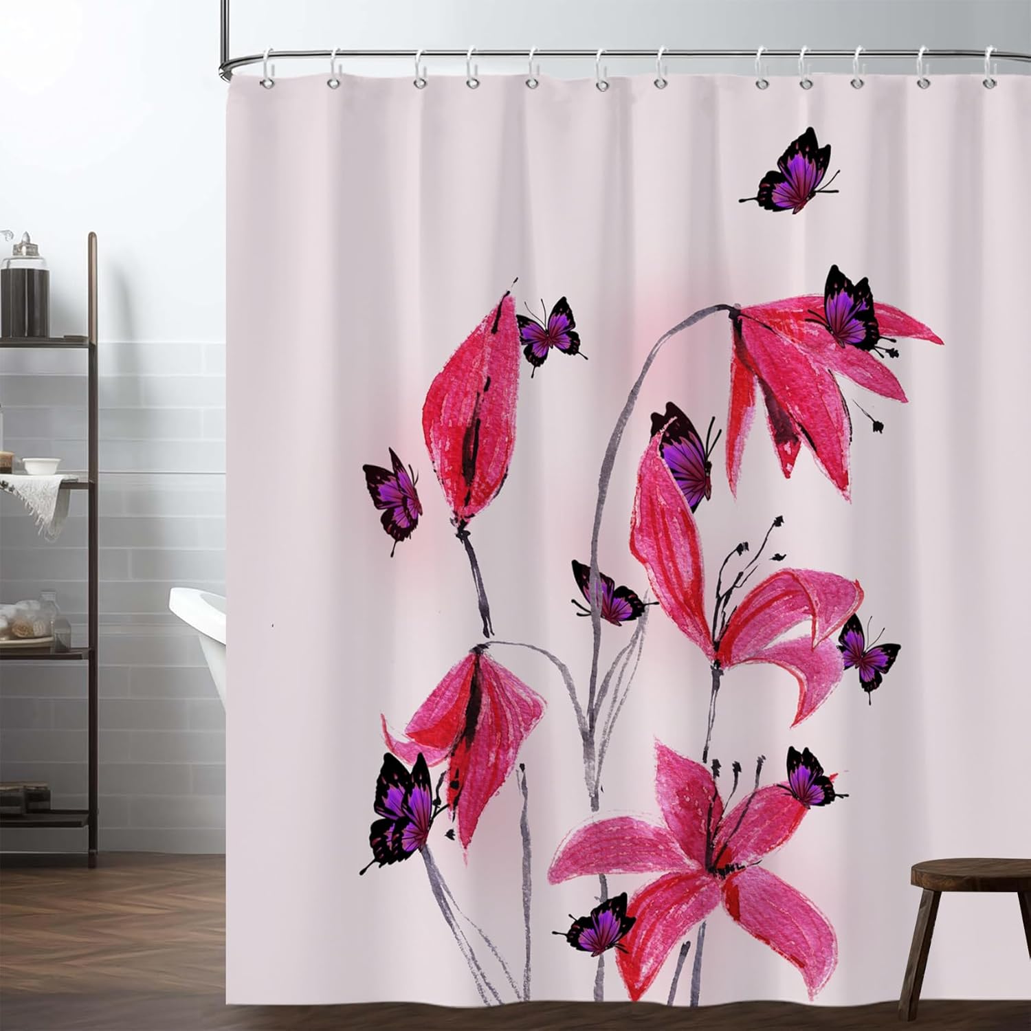 

Watercolor Floral Butterfly Pattern Shower Curtain 180x 180cm Pastoral Style Bathroom Decoration Waterproof Bathtub Curtain W90xH180cm