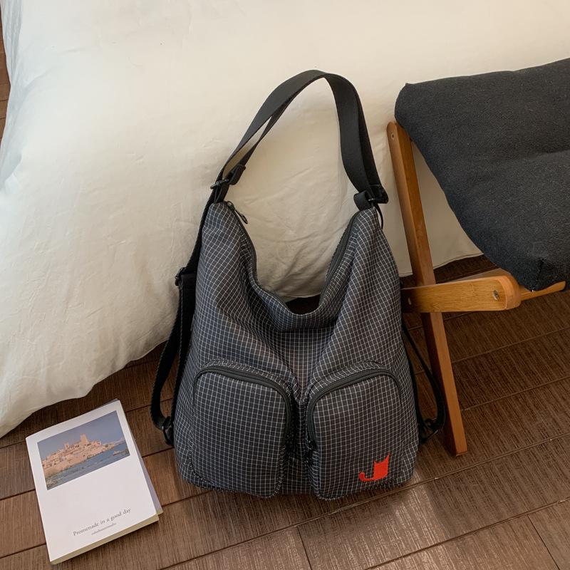 Plaid Multi-Pocket Crossbody & Backpack: Women s Large Capacity Korean-Japanese Style Canvas Bag чёрный