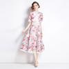 Elegant Floral Print Lace Summer Dress for Women High Quality Hollow Out Short Sleeve Slim Party Dress Robes Femme