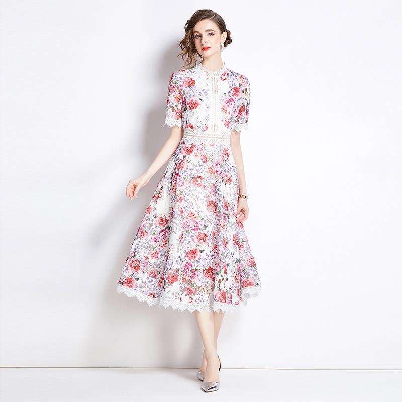 Elegant Floral Print Lace Summer Dress for Women High Quality Hollow Out Short Sleeve Slim Party Dress Robes Femme