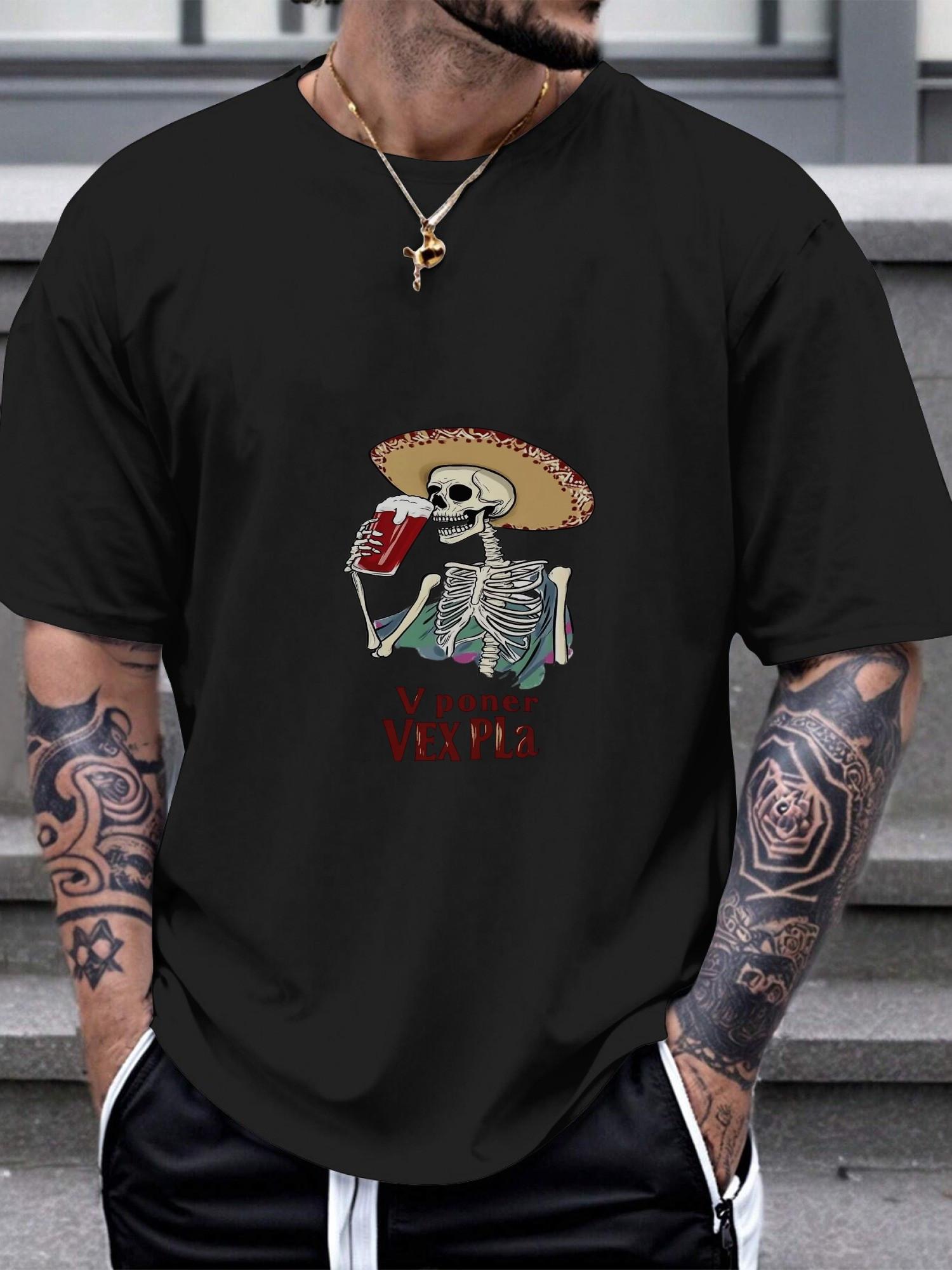1pc Casual Graphic T-shirt - Day of the Dead Skeleton Sombrero Red Beer Design XXL