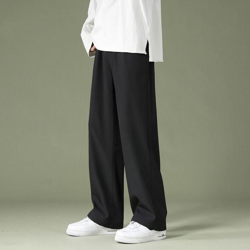 Summer Thin Ice Silk Straight-leg Pants for Work, Men's Loose Nine-point Pants, Solid Color Wide-leg Casual Pants
