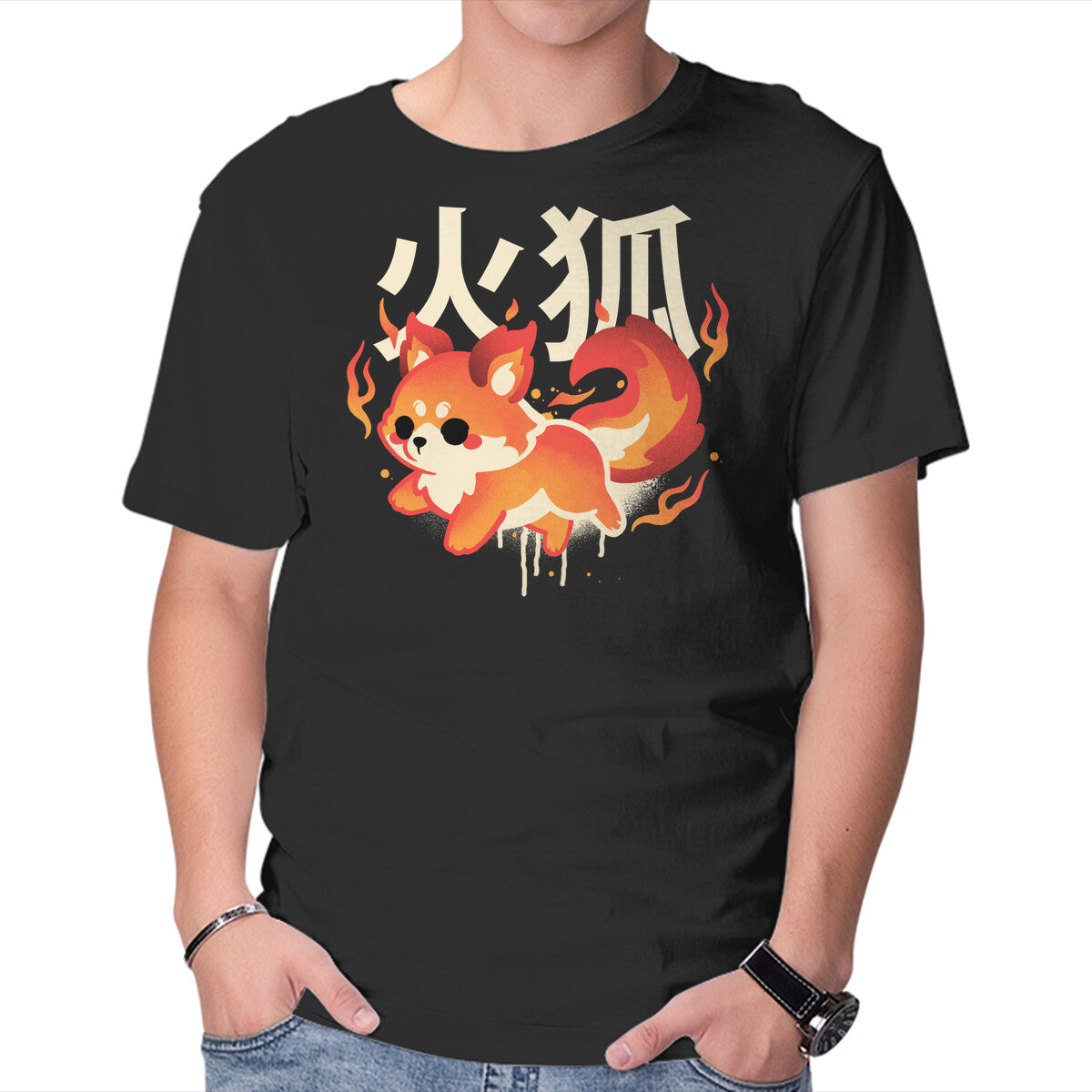 Unisex Crew Neck T-Shirt Fire Kitsune Graphic Short Sleeve Casual Tee M
