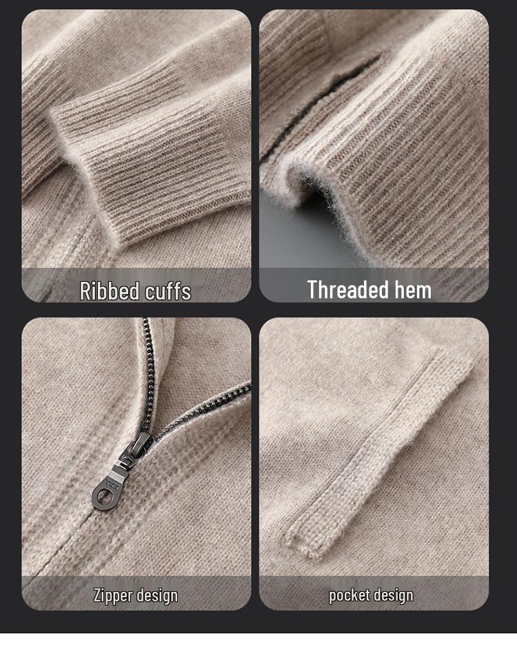Herren Kapuzen-Reißverschluss-Strickjacke aus reiner Wolle - Dicker Strickpullover-Mantel für Freizeit oder Business